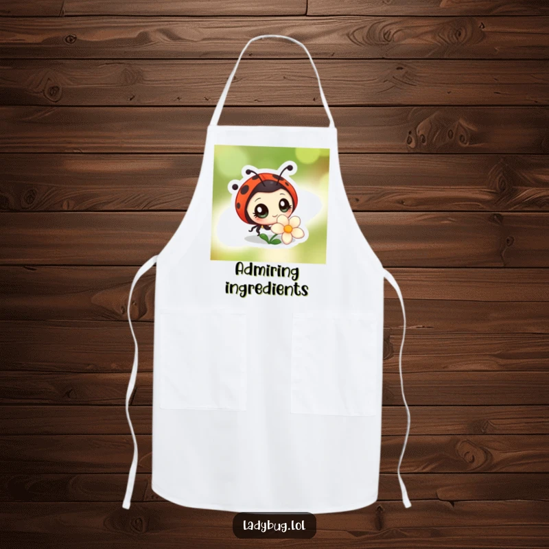 Funny apron showcasing a ladybug character with big, bright eyes, curiously observing a flower, adding humor and a sense of wonder to the kitchen.
