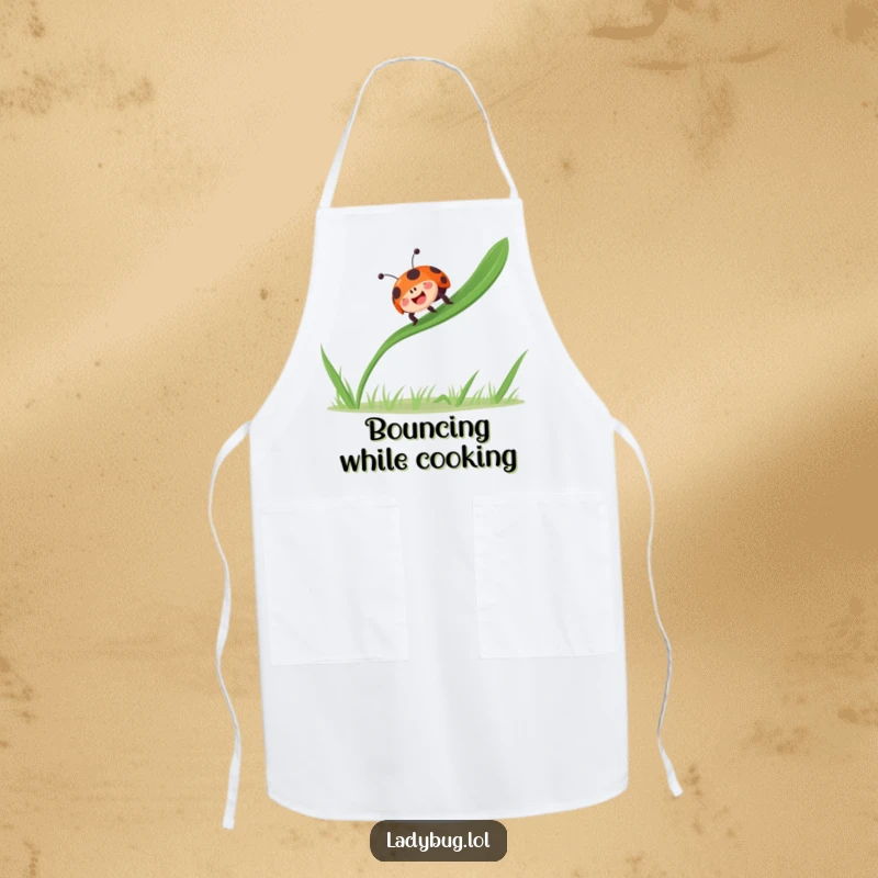 Funny ladybug bounces gleefully on a single blade of grass, radiating joy, on a chef's apron.