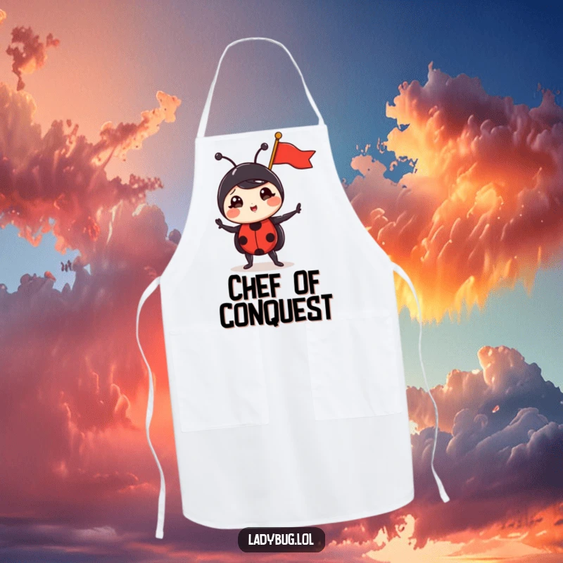 Funny ladybug apron with a comical ladybug striking a triumphant pose with a tiny flag, perfect for humorous cooking sessions.