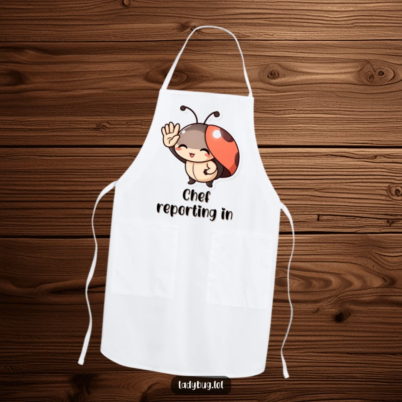 Funny Apron: A delighted ladybug character offering a small, official salute, adding charm to kitchen activities.