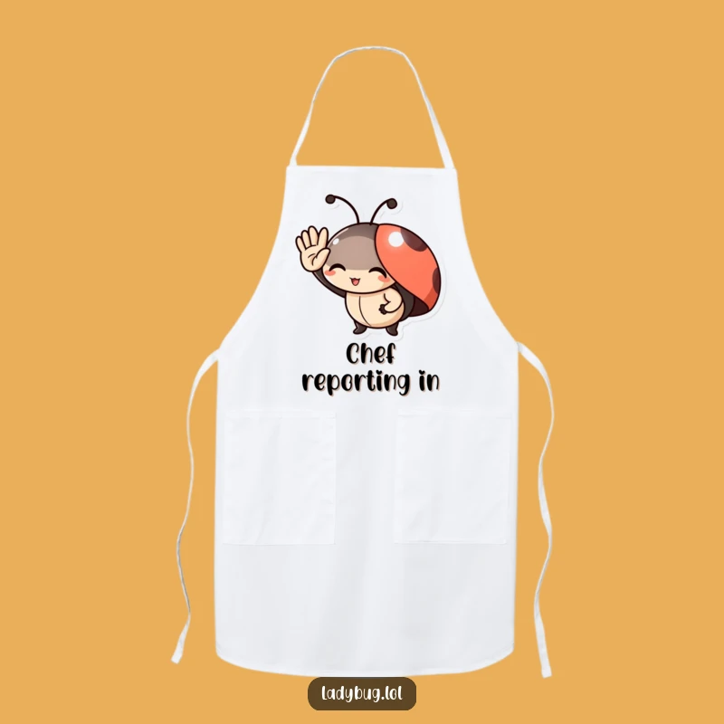 Funny Ladybug Salute Apron: Delighted Character's Tiny Greeting for Your Kitchen!