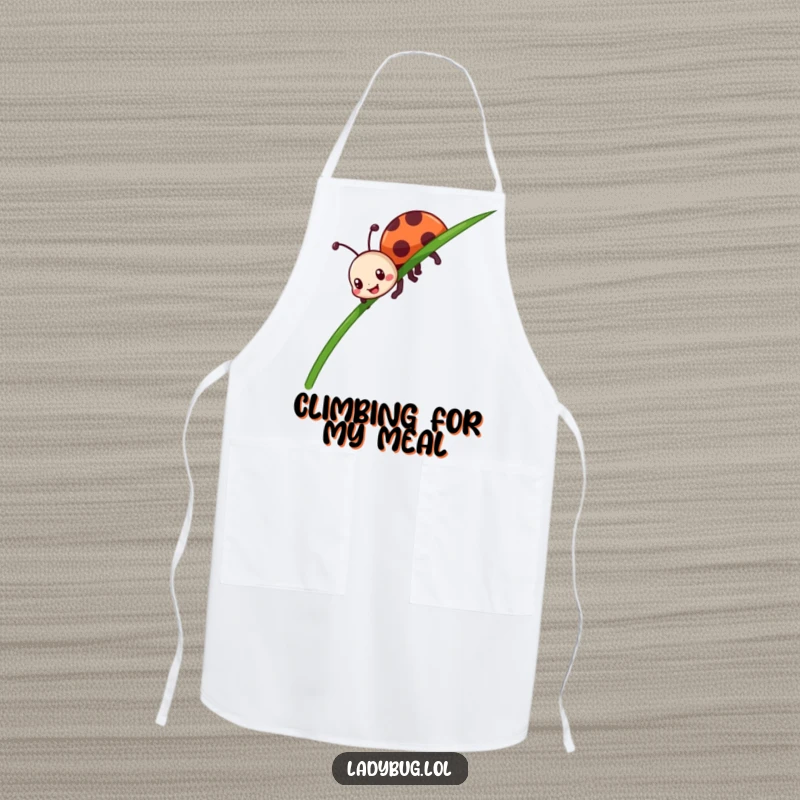Funny ladybug apron with a happy insect character enthusiastically crawling up a tall blade of grass, ready to cook.