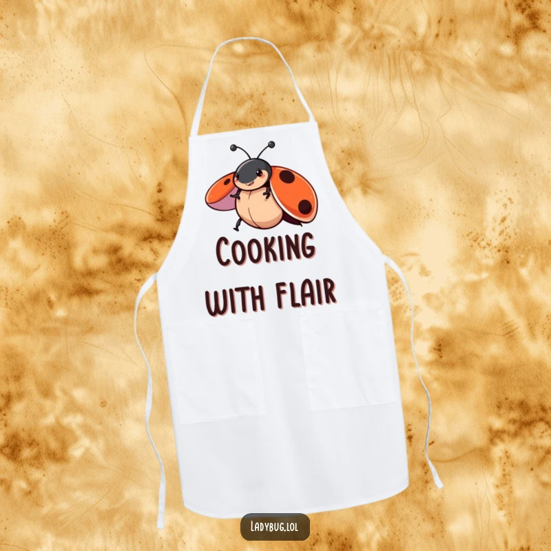 Funny apron showcasing a ladybug character playfully spinning with wings open, adding a touch of whimsy and humor to kitchen tasks.