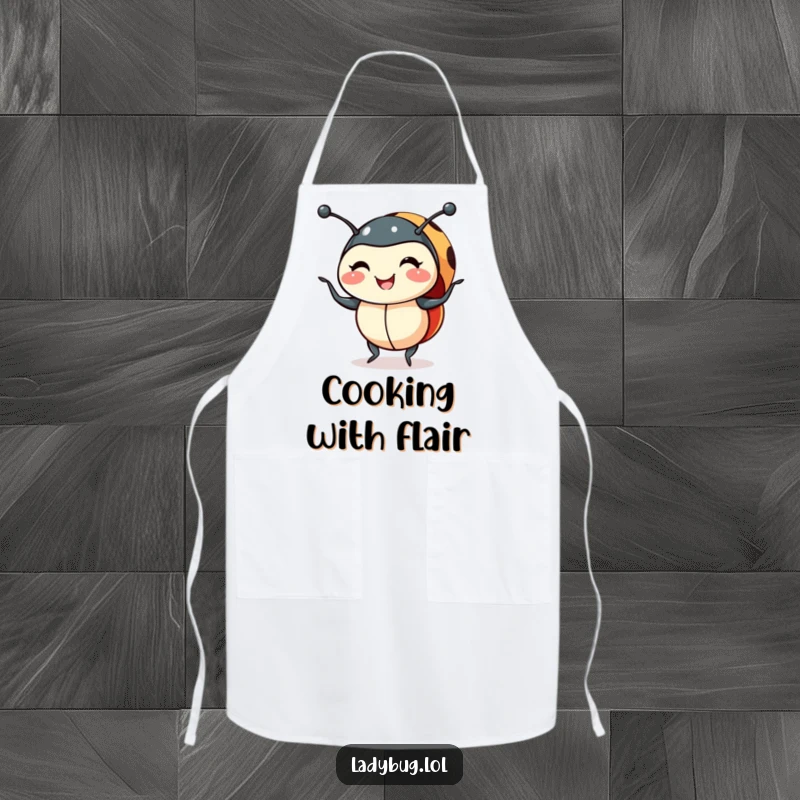 Funny smiling ladybug apron with a ladybug doing a shimmy, perfect for kitchen tasks with a humorous and cheerful bug theme.