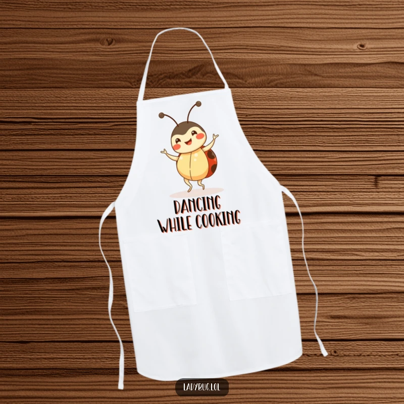 Funny ladybug apron, happy insect character doing a little dance, practical kitchen wear, humorous accessory.
