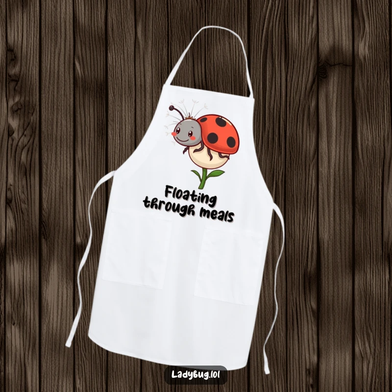 Funny Ladybug Dandelion Apron: A happy ladybug comically rides a dandelion seed while you cook, making kitchen duty more charming. Humorous and practical.