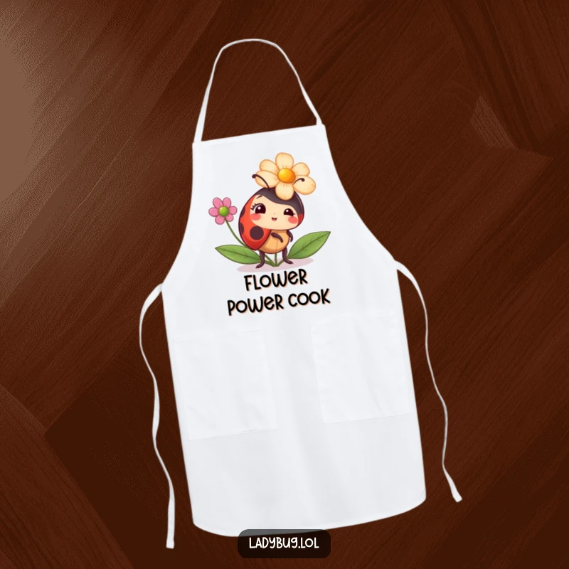 Funny ladybug apron with a ladybug comically trying to wear a flower as a hat, perfect for humorous kitchen activities.