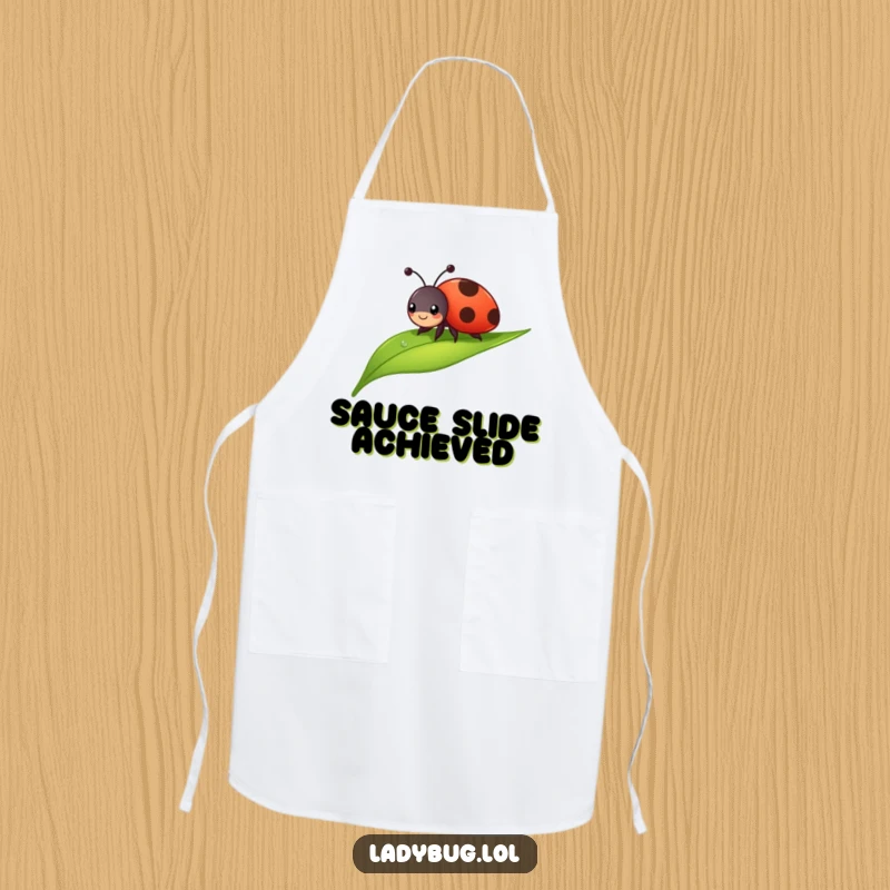 Funny ladybug apron featuring a cheerful bug sliding down a dewdropped leaf. Protective and humorous kitchen wear.