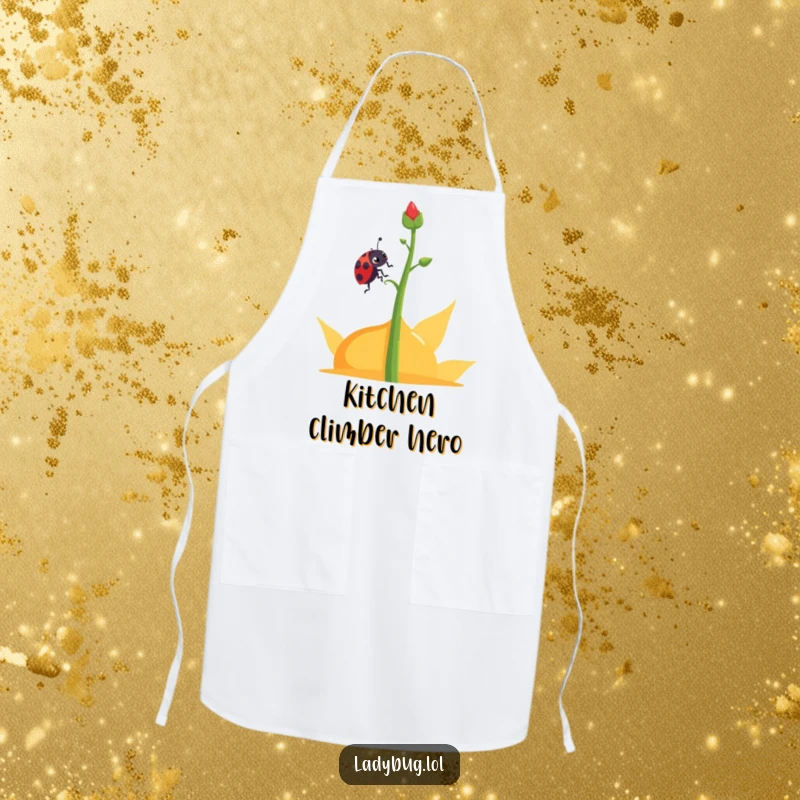 Funny determined ladybug apron showing a ladybug character climbing an abstract plant stem, perfect for gardening.