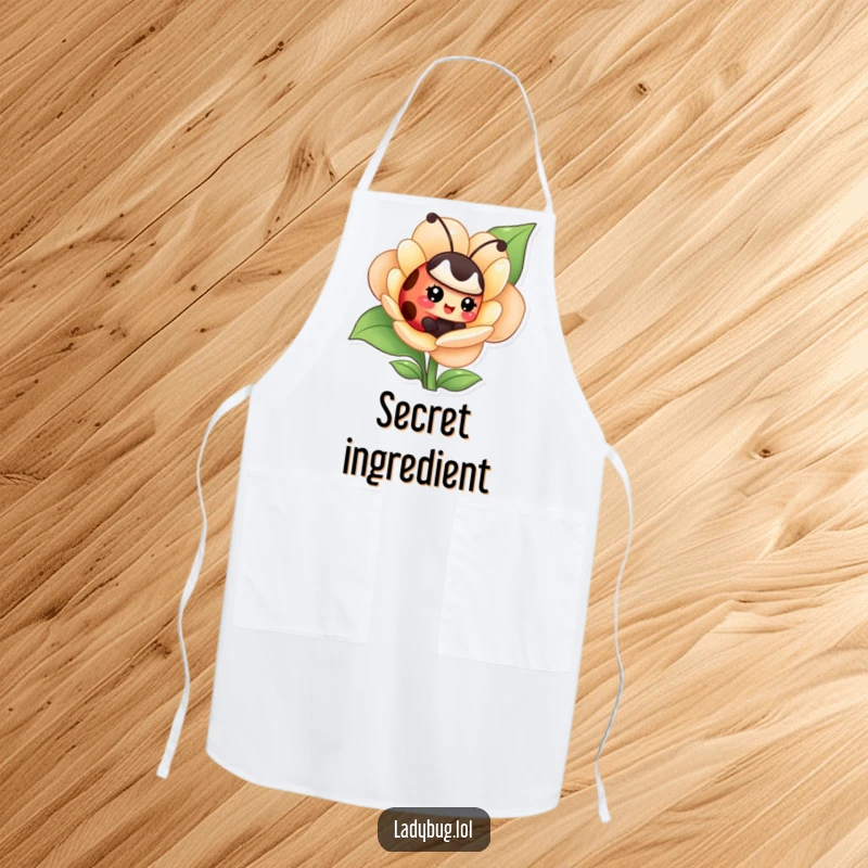 Funny apron showcasing a giggling ladybug hiding inside a flower, perfect for adding playful charm to cooking.