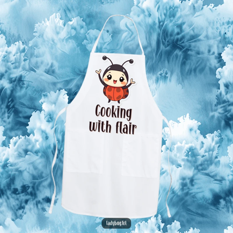 Funny ladybug apron featuring a happy bug enthusiastically waving its antennae. Protective and humorous kitchen wear.