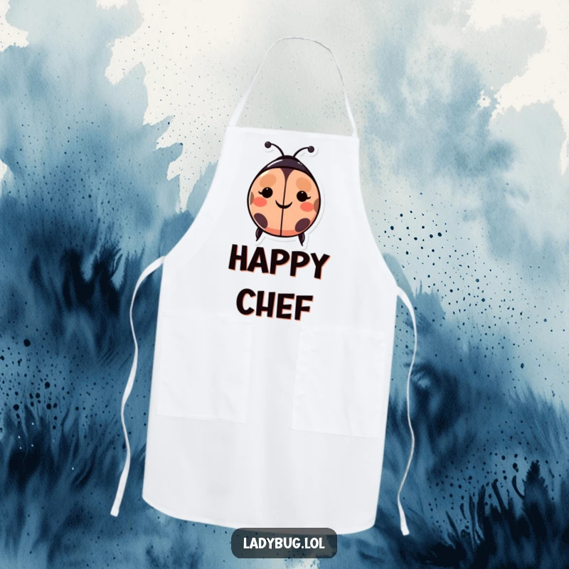 Funny ladybug apron: a happy ladybug character with spots forming a smiley face, ideal for adding humor and cheer to cooking.