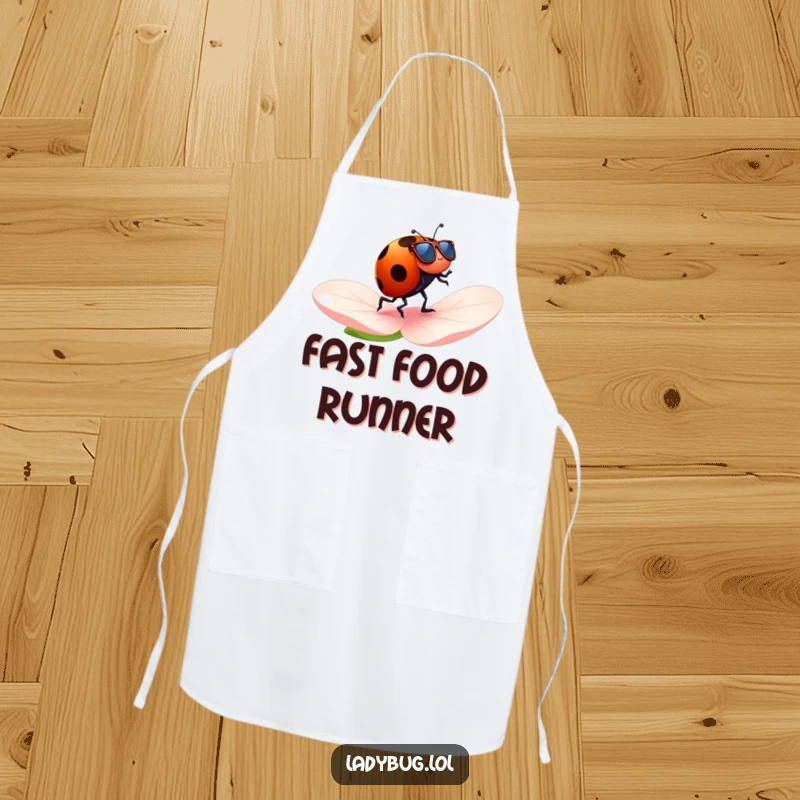 Funny ladybug apron with a ladybug wearing tiny sunglasses, cheerfully jogging across a petal, perfect for humorous kitchen activities.