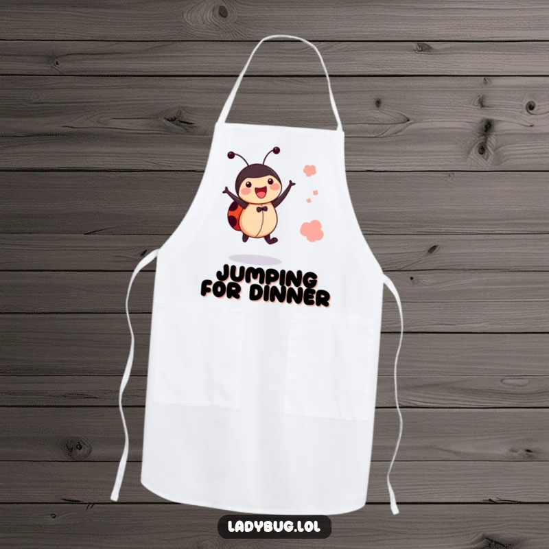 Funny jumping ladybug apron, showing a bug leaping with joy, functional and fun kitchen wear.