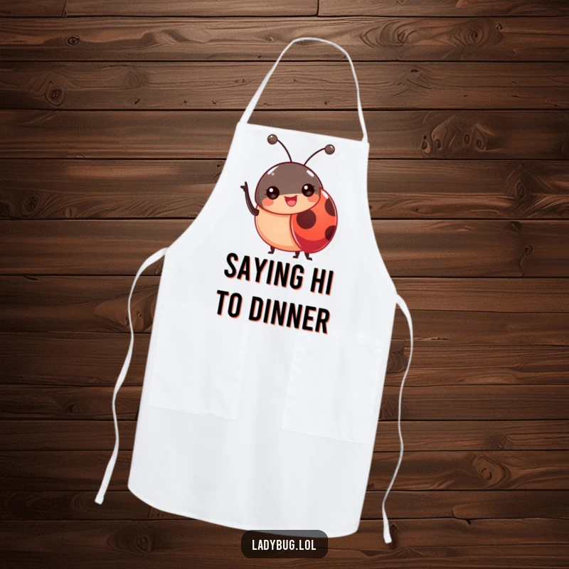 Funny Ladybug Antennae Apron with a cheerful ladybug waving, ideal for humorous kitchen protection.
