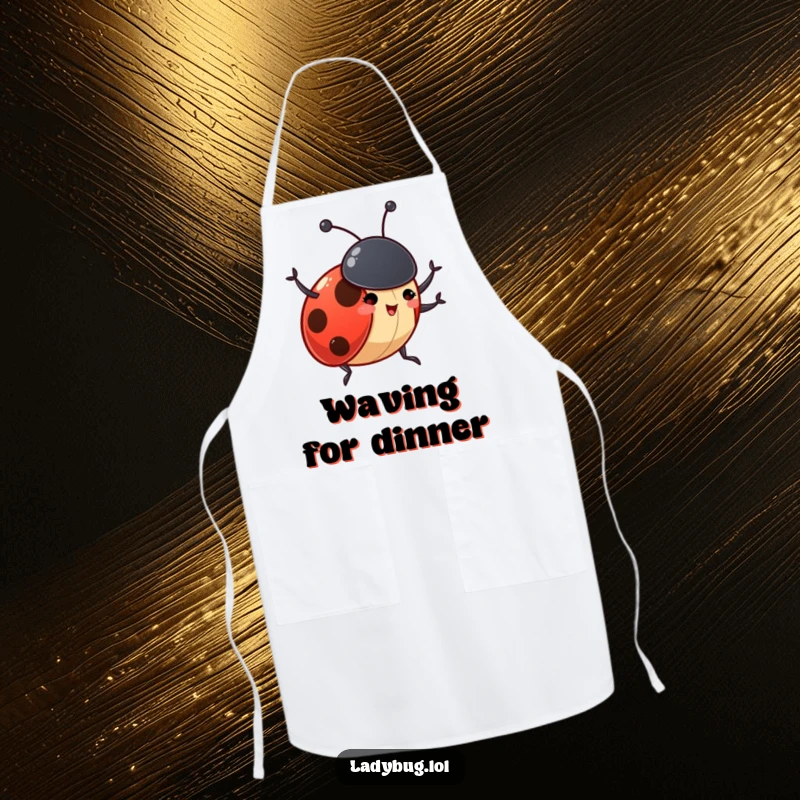 Funny ladybug apron showing a gleeful insect character excitedly waving its tiny antennae, ready for kitchen greetings.