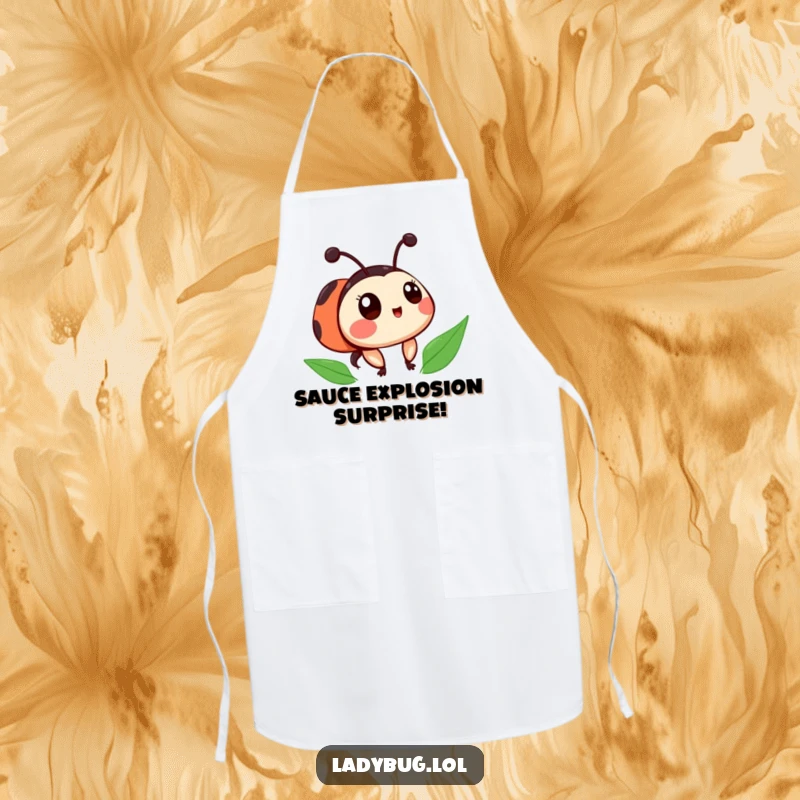 Funny ladybug apron with a cute character with slightly askew spots, looking surprised, ideal for kitchen use and fun.