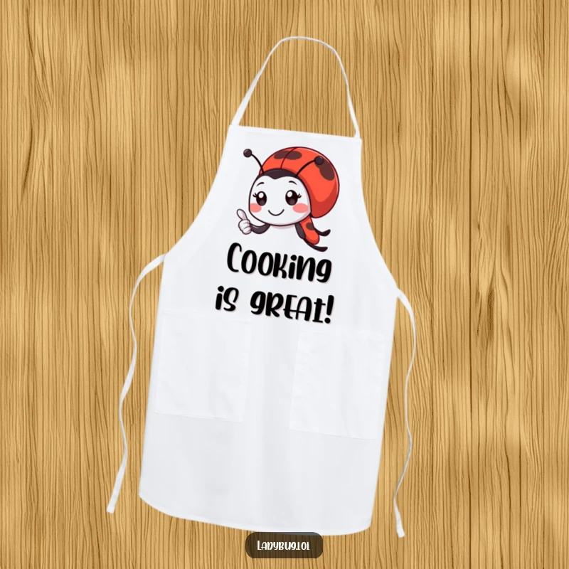 Funny ladybug apron showing a smiling ladybug character giving a tiny, enthusiastic thumbs-up, perfect for positive cooking.