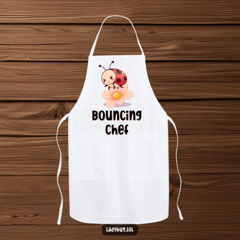 Funny ladybug apron featuring a cute ladybug character bouncing excitedly on a flower petal, ready for culinary fun.
