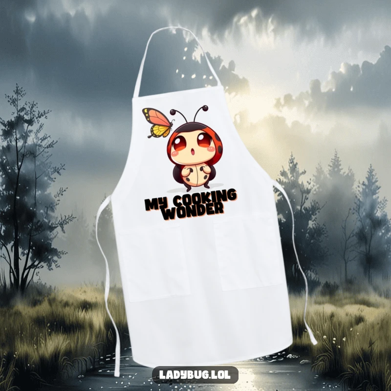 Funny ladybug apron showing a ladybug character with comically large, amazed eyes, watching a butterfly flutter by in a kitchen setting.