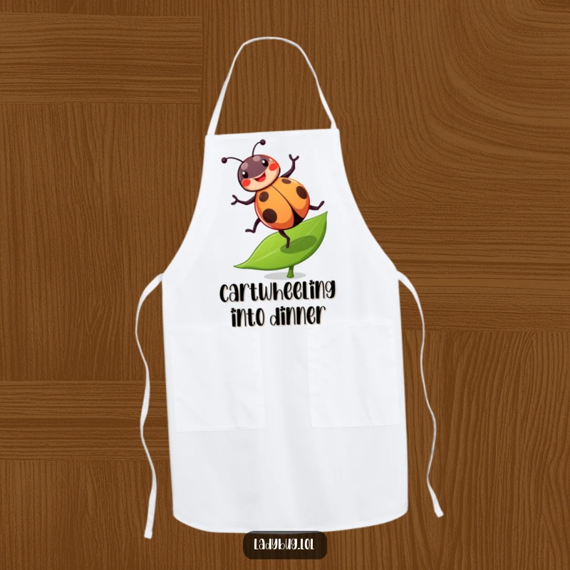 Funny ladybug apron showing a cheerful ladybug performing a joyful cartwheel on a leaf, ideal for humorous cooks.