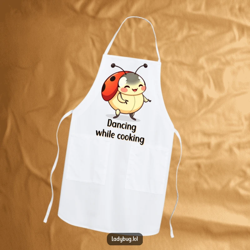 Funny ladybug apron showing a playful ladybug doing a silly dance with wiggling antennae, perfect for fun and humorous cooking.