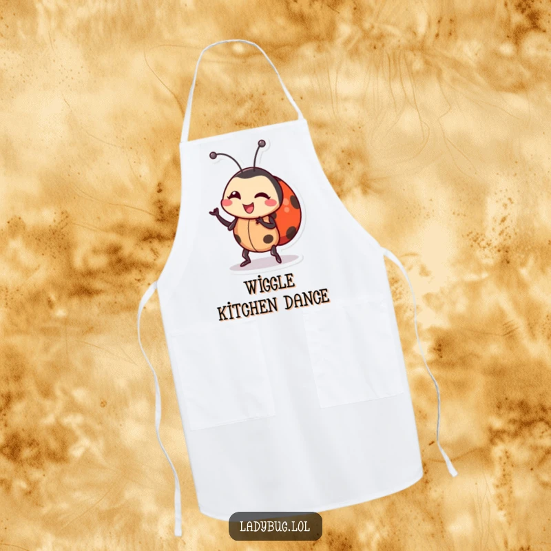 Funny ladybug apron displaying a cartoon ladybug character doing a hilarious, wiggling dance while standing in a kitchen setting.
