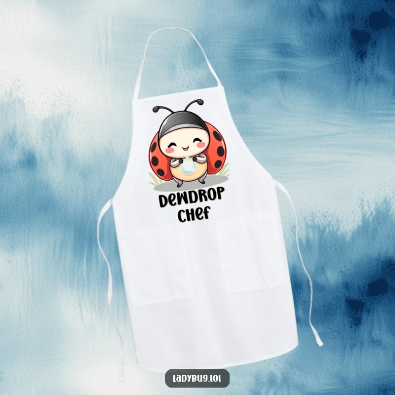 Funny ladybug apron showing a happy ladybug character carrying a precious dewdrop like a grand prize, ready for kitchen duty.