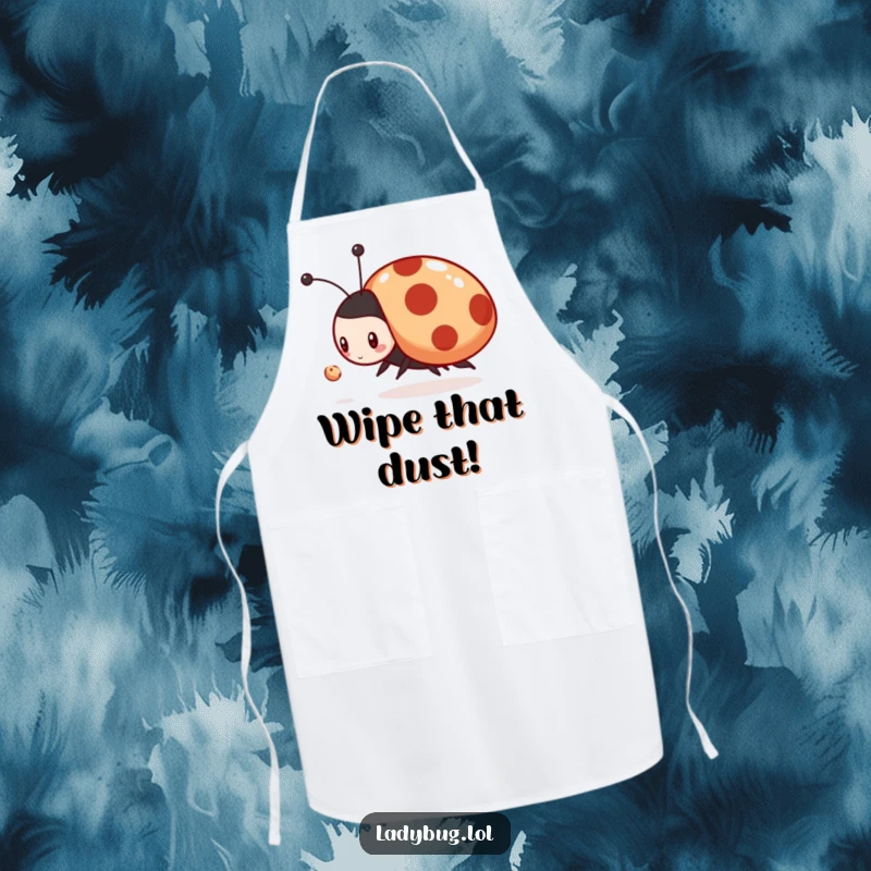 Funny apron showing a serious ladybug character enthusiastically chasing a tiny dust mote, perfect for kitchen adventures.
