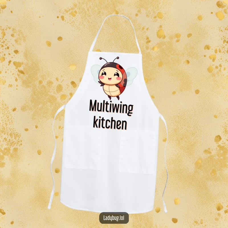 Funny ladybug extra wings apron, showing the insect comically attempting to fly with too many wings, a humorous kitchen essential.