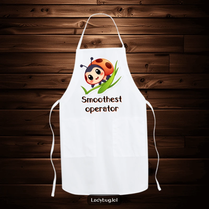 Funny Ladybug Apron: Kitchen wear with a ladybug character joyfully sliding down a grass blade, bringing a playful touch to cooking.