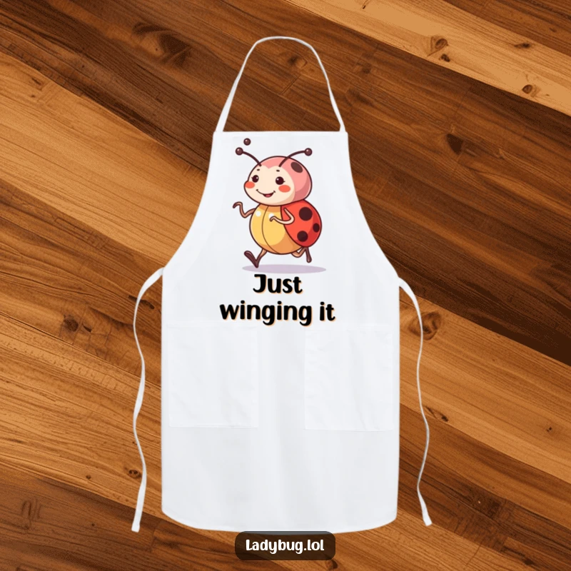Funny apron featuring a cheerful ladybug character with determined antennae, jogging enthusiastically, perfect for kitchen fun.