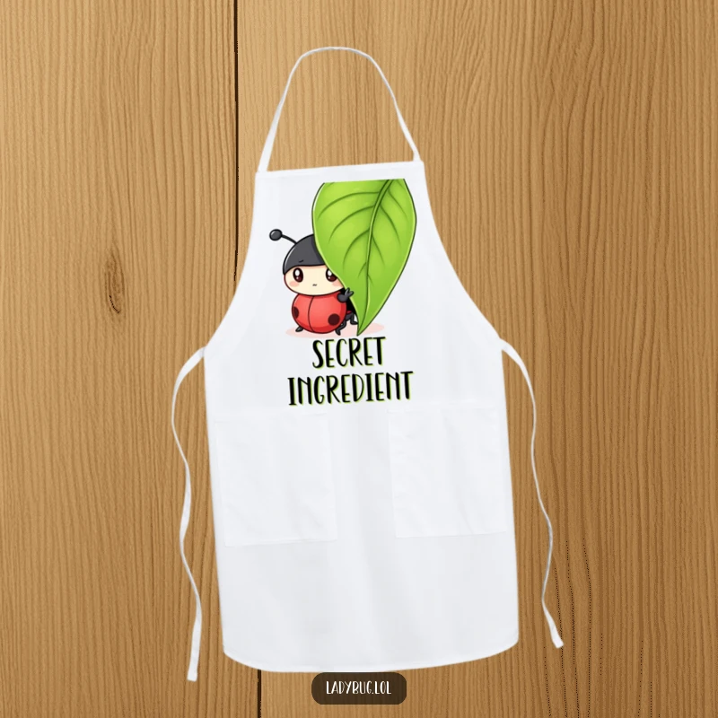 Funny apron showing a curious ladybug character peeking from under a leaf, perfect for playful chefs.