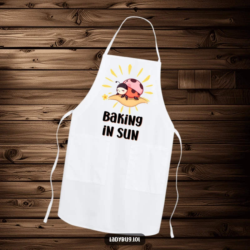 Funny Apron: A charming ladybug character napping peacefully on a stylized sunbeam, adding calm to the kitchen.