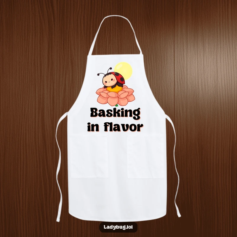 Funny ladybug apron with a happy character sunbathing on a flower petal, keeping clothes clean with a cheerful and humorous design.