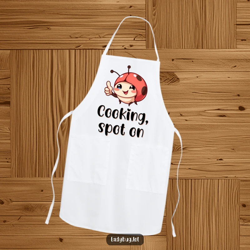 Funny apron with a smiling ladybug giving a thumbs up, perfect for kitchen fun and protecting clothes.