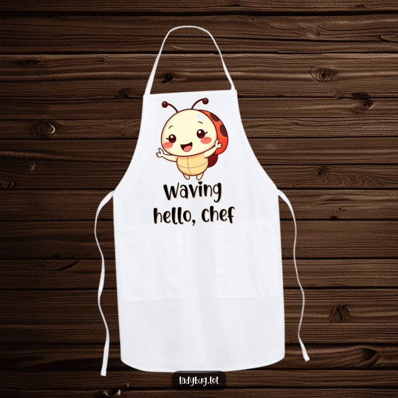 Funny Apron depicting a smiling ladybug character happily waving, ready to assist in the kitchen with a cheerful demeanor.