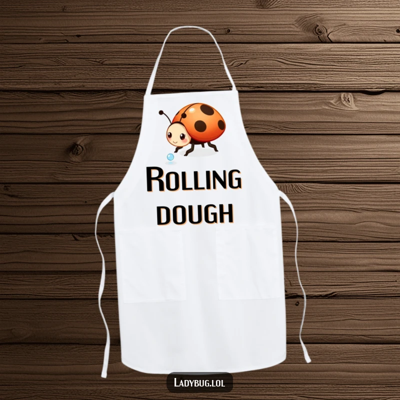 Funny ladybug apron: a playful ladybug character rolling a tiny dewdrop, ideal for adding a humorous and lighthearted touch to cooking.