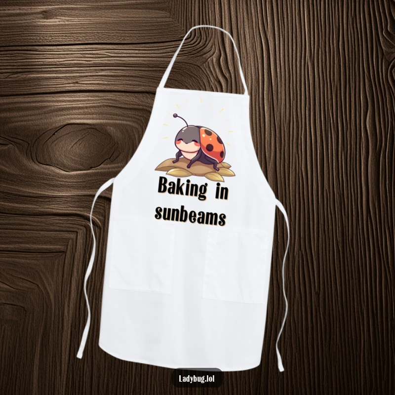 Funny apron with a contented ladybug basking in a sunbeam, perfect for relaxed cooking and kitchen fun.