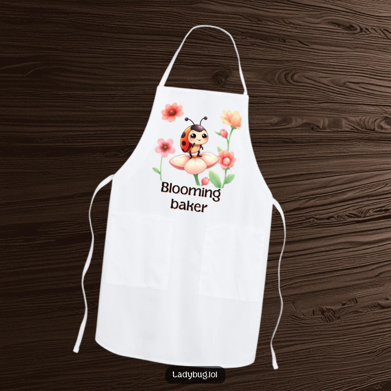 Funny ladybug apron showing a proud ladybug giving a sly wink while standing on a flower petal, ready for cooking.