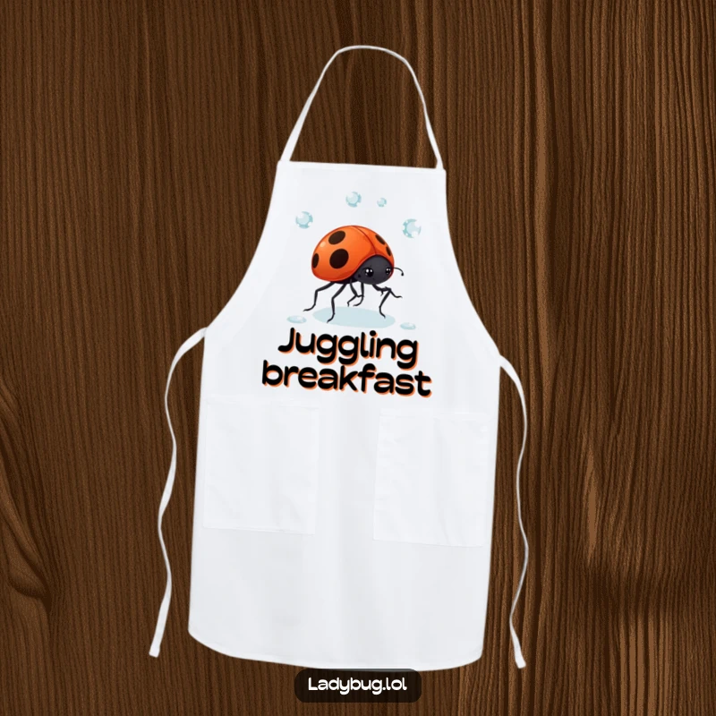 Funny Ladybug Dewdrop Apron: A giggling ladybug comically juggles dewdrops while you cook, making kitchen duty more enchanting. Humorous and practical.