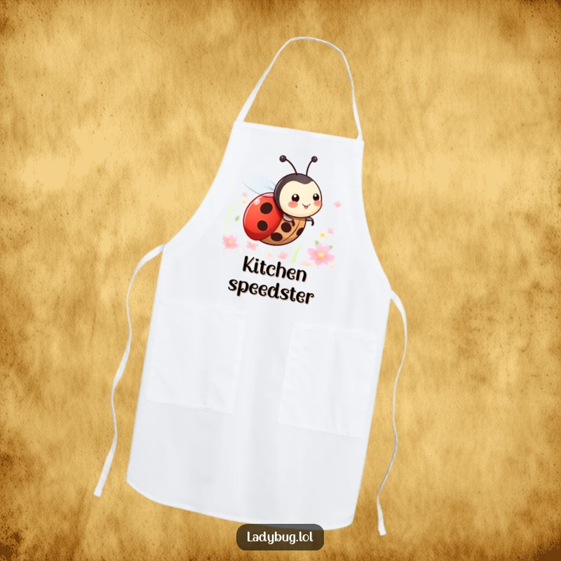 Funny apron with a happy ladybug character, tiny wings in motion, happily zooming through the air during kitchen duties.