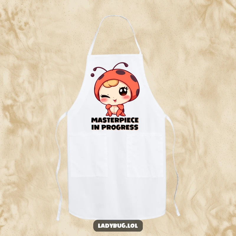 Funny winking ladybug character playfully posing for a portrait, on a whimsical and humorous kitchen apron.