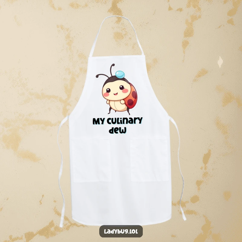 Funny ladybug apron showing a happy character balancing a glistening dewdrop on its head, perfect for happy cooking.