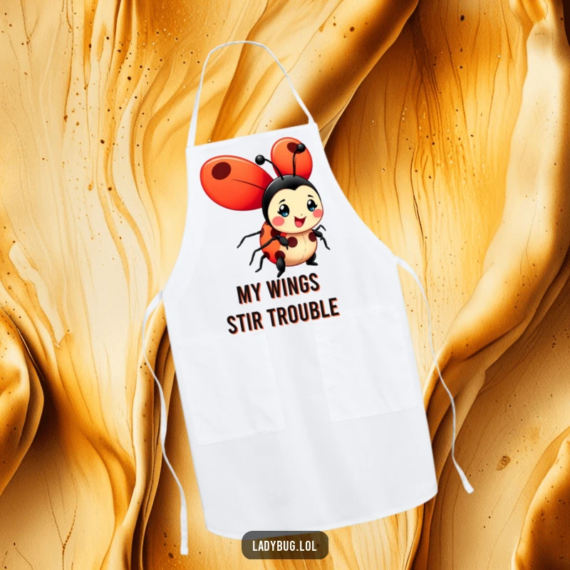 Funny ladybug apron featuring a cheerful character with oversized, bright red wings unfurled, perfect for happy cooking.