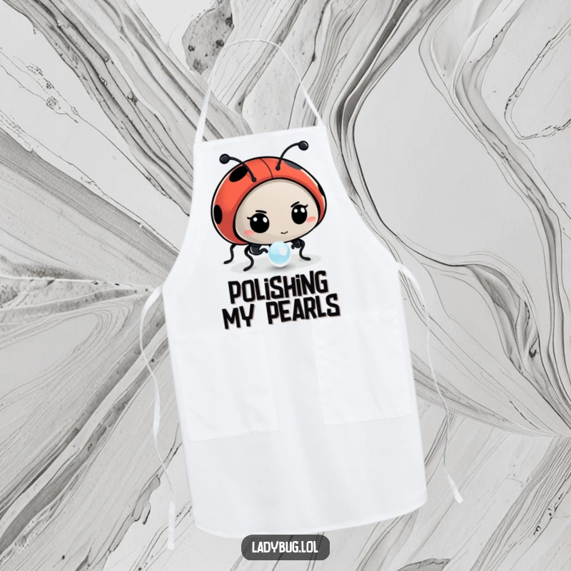 Funny apron showing a determined ladybug character intently examining a dewdrop, perfect for meticulous culinary artists.