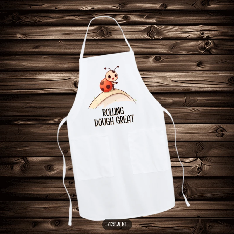Funny Apron depicting a ladybug character with a look of pure delight as it rolls down a hill, ready for kitchen tasks.