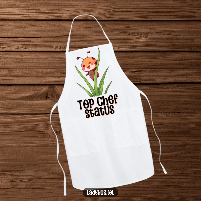 Funny apron showing a joyful ladybug character happily climbing a tall blade of grass, perfect for enthusiastic cooks.