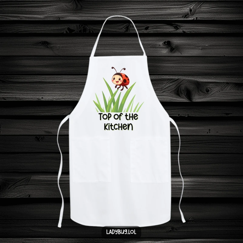 Funny giggling ladybug character enthusiastically climbing a blade of grass, worn on a humorous kitchen apron for cooking enjoyment.