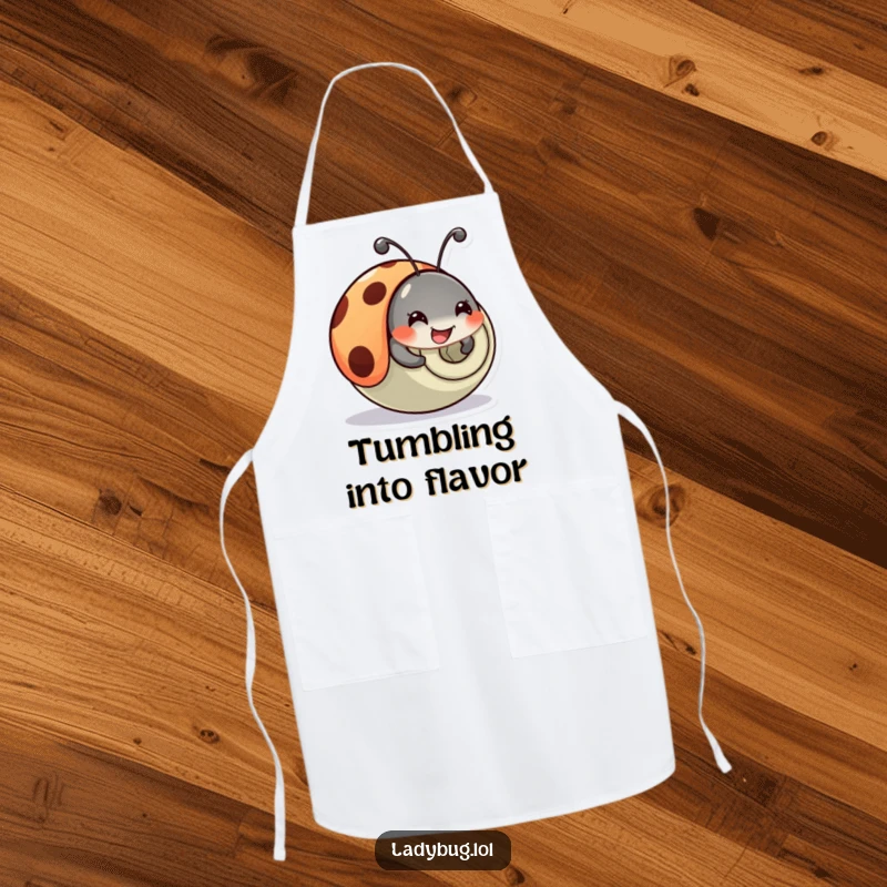 Funny Ladybug Apron: A happy ladybug comically tumbles and rolls while wearing an apron, humorously attempting to cook.